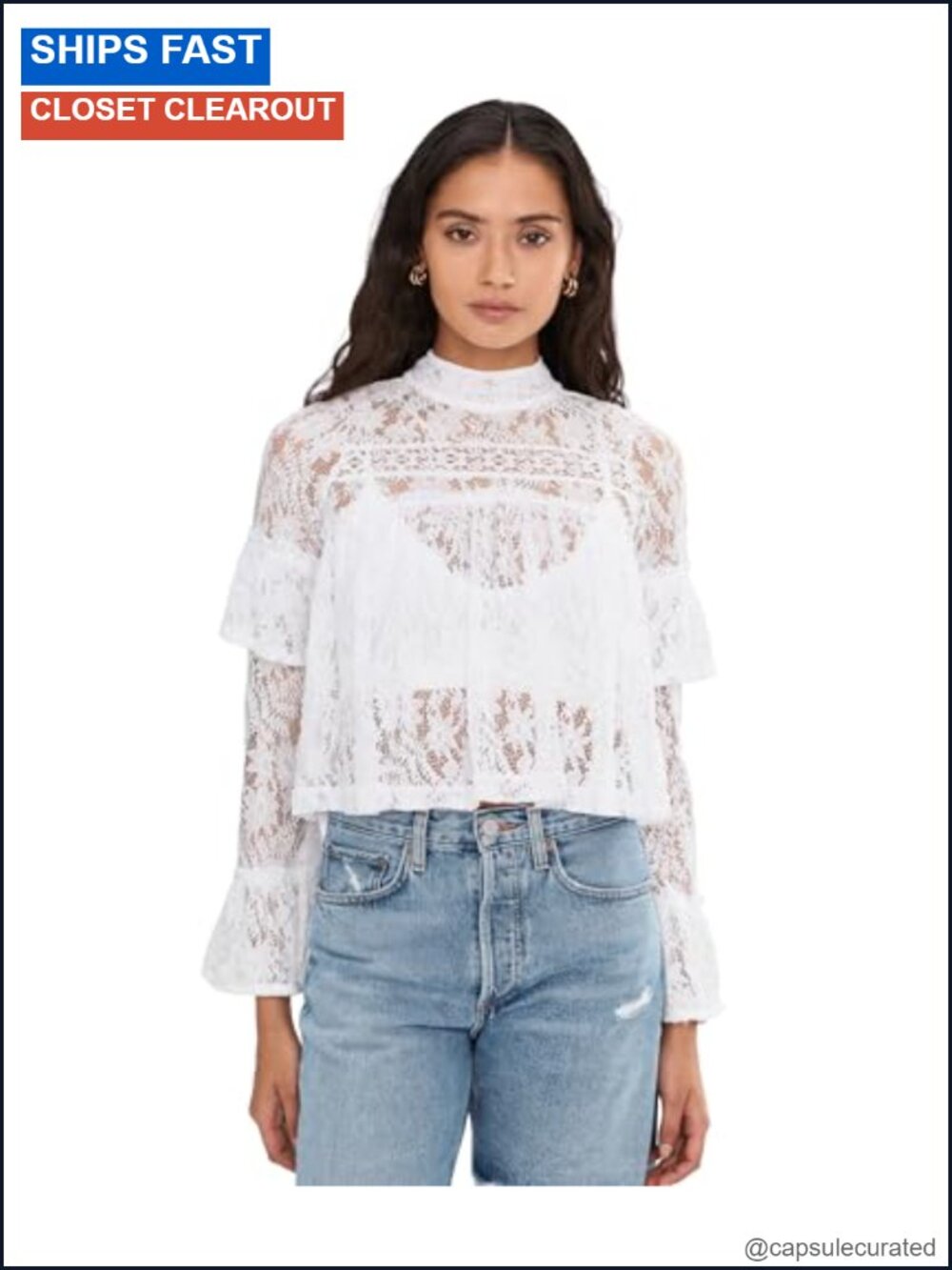 Sheer Lace Mock-Neck Ruffle Blouse Long Sleeve Billowy